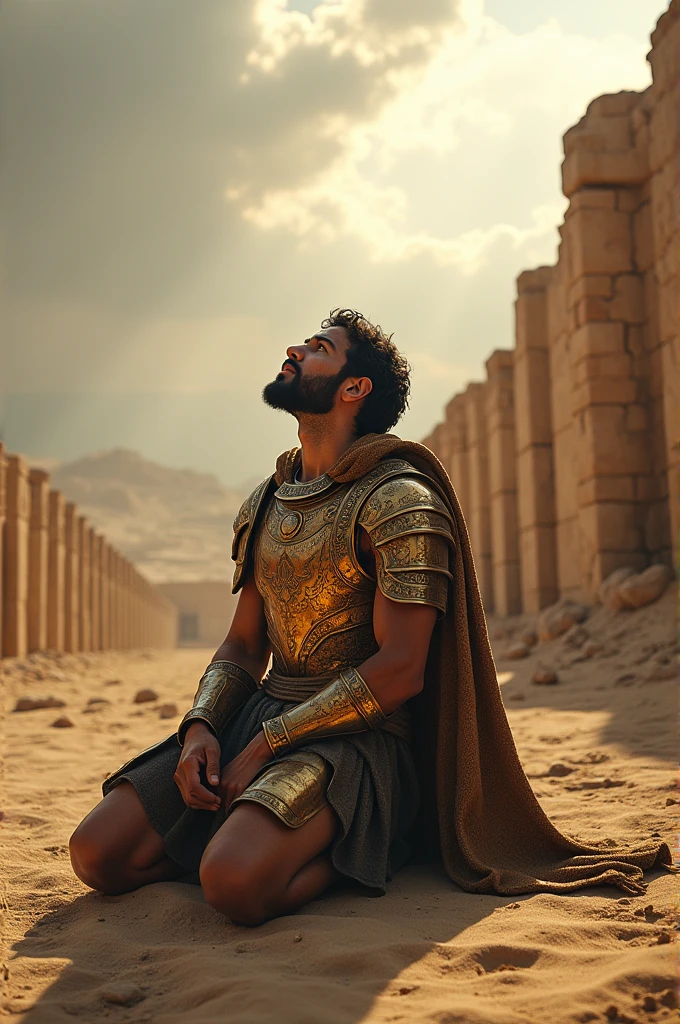 An image of an ancient soldier from the time of Jesus, wearing armor, on his knees, in a setting that refers to the biblical period, like a desert or an ancient city. At the front, in the spotlight, the text appears: &#39;THEN, KNOWING THAT THE LORD WAS WITH ME, I CREATED COURAGE, ESDRAS 7:28'. The text should be styled with a font that conveys strength and faith., harmonizing with the historical style of the image."