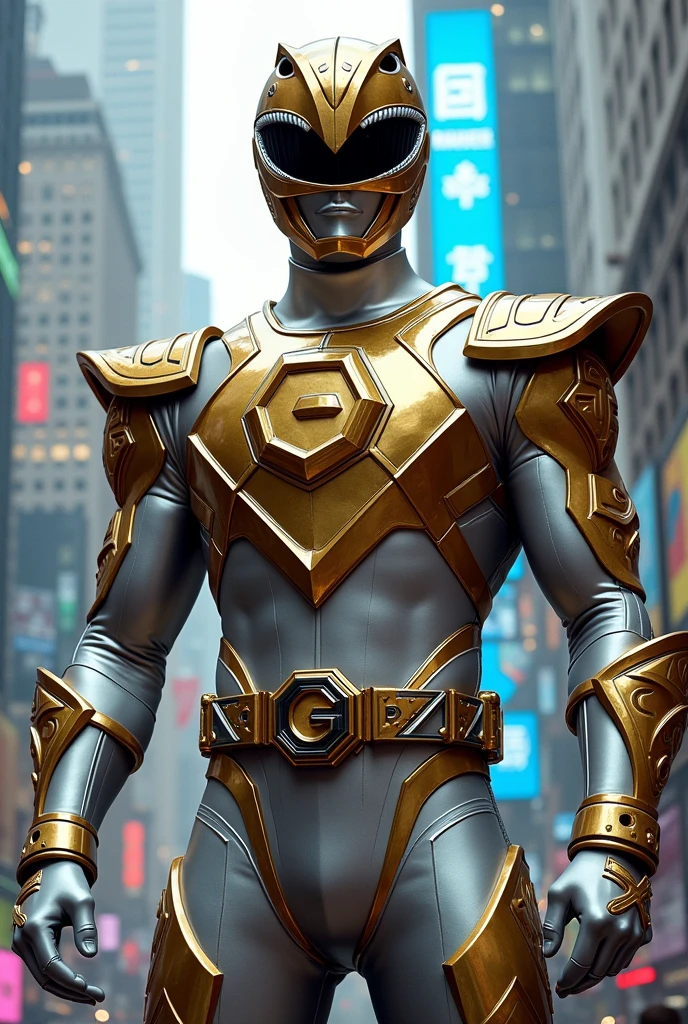 tall person in
silver powerranger suit with a gold diamond pattern a hexagon belt buckel with g gold helmet no extra on belt no white lines on gloves no red