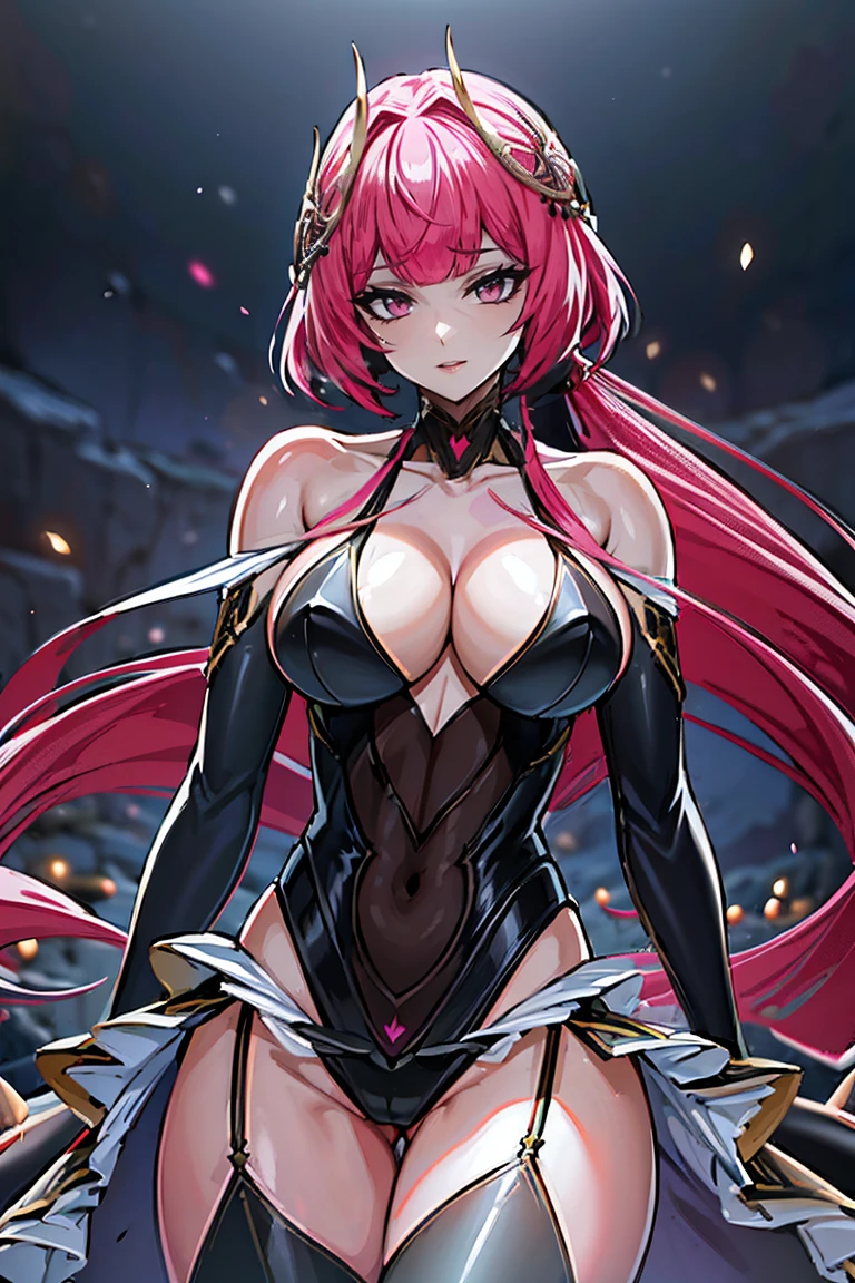 Smooth and Flawless Skin, Expressive and Captivating Eyes, Well-Defined Facial Features, Radiant and Healthy Glow, Perfectly Proportioned Face, Graceful and Symmetrical Features, Fine Details and Realistic Texture, cute face, absurdres, vivid color, beautiful portrait of cute anime girls, anime best girl, anime screencap, anime style, finely detailed, insanely detailed, exquisite, fantastic, amazing quality, top quality, professional quality, high quality, finely quality, official art, production art, super detailed skin, clear eyes, light eyes, light image, gleaming skin, oil skin, shiny skin, accurate face parts, cinematic, extremely detailed beautiful face and eyes, fair skin, 16k, 32k, 16k portrait, 32k portrait, masterpiece, Highest quality, ultra Detailed beautiful face and eyes, Detailed eyes, High resolution, beautiful, super fine illustration, extremely detailed unity cg 8k wallpaper, fearless face, perfect eyes, deep detailed eyes, perfect face, low ponytail, pink hair, hair ornament, pink eyes, leotard, zipper, white showgirl skirt, bare shoulder, thighighs, thigh high boots, bare thighs, cleavage, cleavage cutout, adult face, elbow gloves, jewelry, garter belt, garter straps, (((collarbone tattoo, chest tattoo))), hair between eyes, evil grin, perfect hands, perfect fingers, five finger, four finger and one thumb, skin tight, straight bangs, beautiful hair, very long skirt, perfect anatomy, perfect female body, perfect proportion, fingerless gloves, bare fingers gloves, extremely ultra detailed beautiful hands and fingers, one back hair, perfect hair, cowboy shot, long ponytail, one connected ponytail,