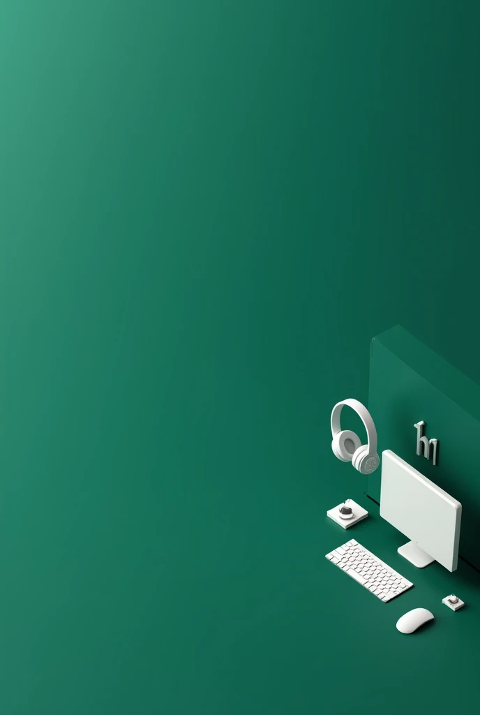 Create a background image for LinkedIn, with a modern and professional design measuring 200 cm wide by 60 cm high, in landscape mode. The image must have a dark green background. Include realistic visual elements: a headset, computer, keyboard, all these items in white color, with the isometric view of these items. The image must be cleaned, sem muitos detalhes, with adequate space for the user profile. 