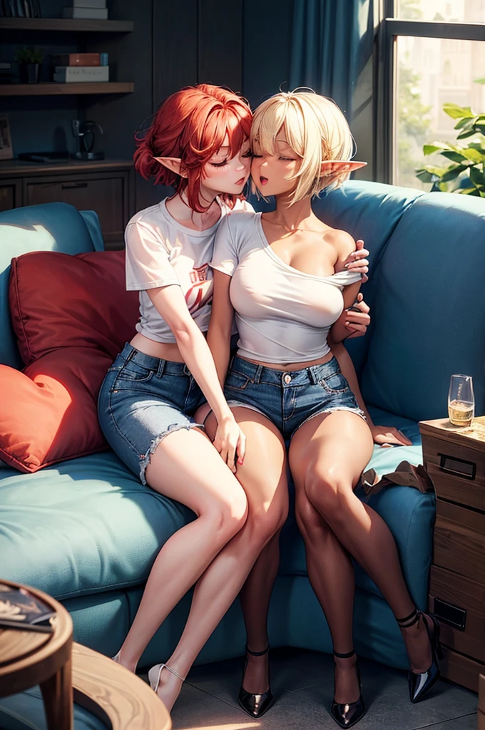 two female elves, one with short red hair, curvy build, white tight tee shirt, blue denim shorts, black heels, other elf with short blonde hair, slim build, white tight tee shirt, blue denim shorts, black heels, cuddling close on sofa, kissing, one sitting on others lap with legs wrapped around their waist, both eyes closed