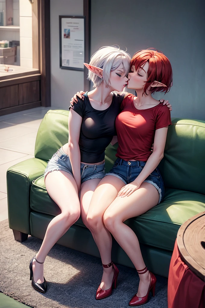 two female elves, one with short red hair, curvy build, white tight tee shirt, blue denim shorts, black heels, other elf with short blonde hair, slim build, white tight tee shirt, blue denim shorts, black heels, cuddling close on sofa, kissing, one sitting on others lap with legs wrapped around their waist, both eyes closed