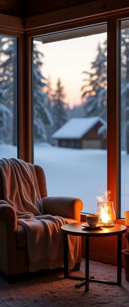 "A cozy room with a warm, glowing fireplace, set in a peaceful, secluded location. The room is filled with calming elements like a soft blanket draped over a comfortable chair and a steaming cup of coffee resting on a small table. The atmosphere is serene and intimate, with soft lighting creating a gentle glow. Outside, it's a beautiful winter evening with light snowfall, and the sky is in the early twilight, with the sun already set, so no direct sunlight is visible. The room features large glass corridors that offer a clear view of the snowy landscape, creating a perfect blend of warmth inside and the peaceful, cold beauty outside. The surroundings are quiet, with only a few distant houses visible, enhancing the feeling of tranquility."