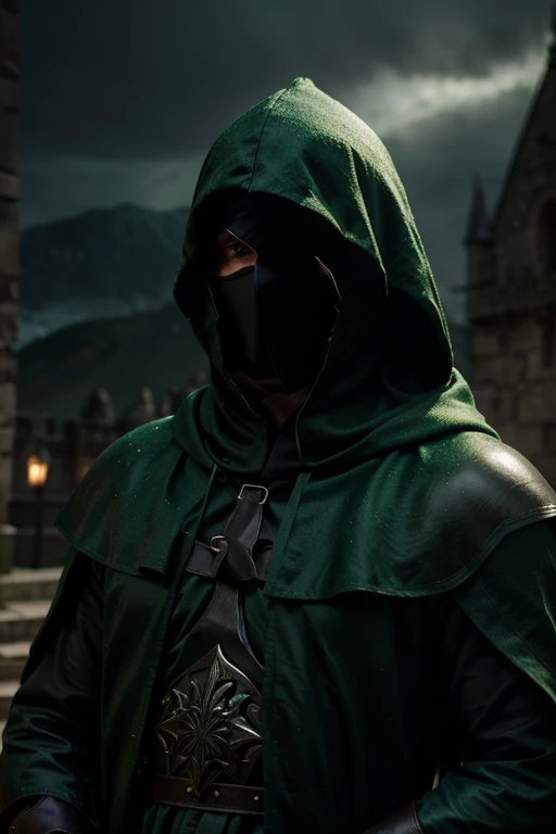 Fantasy male mage, green hood, green mantle, full figure, iron mask cover all the face, masterpiece, lighting spell cast, dinamic pose, very detailed, dark atmosphere, castle background.