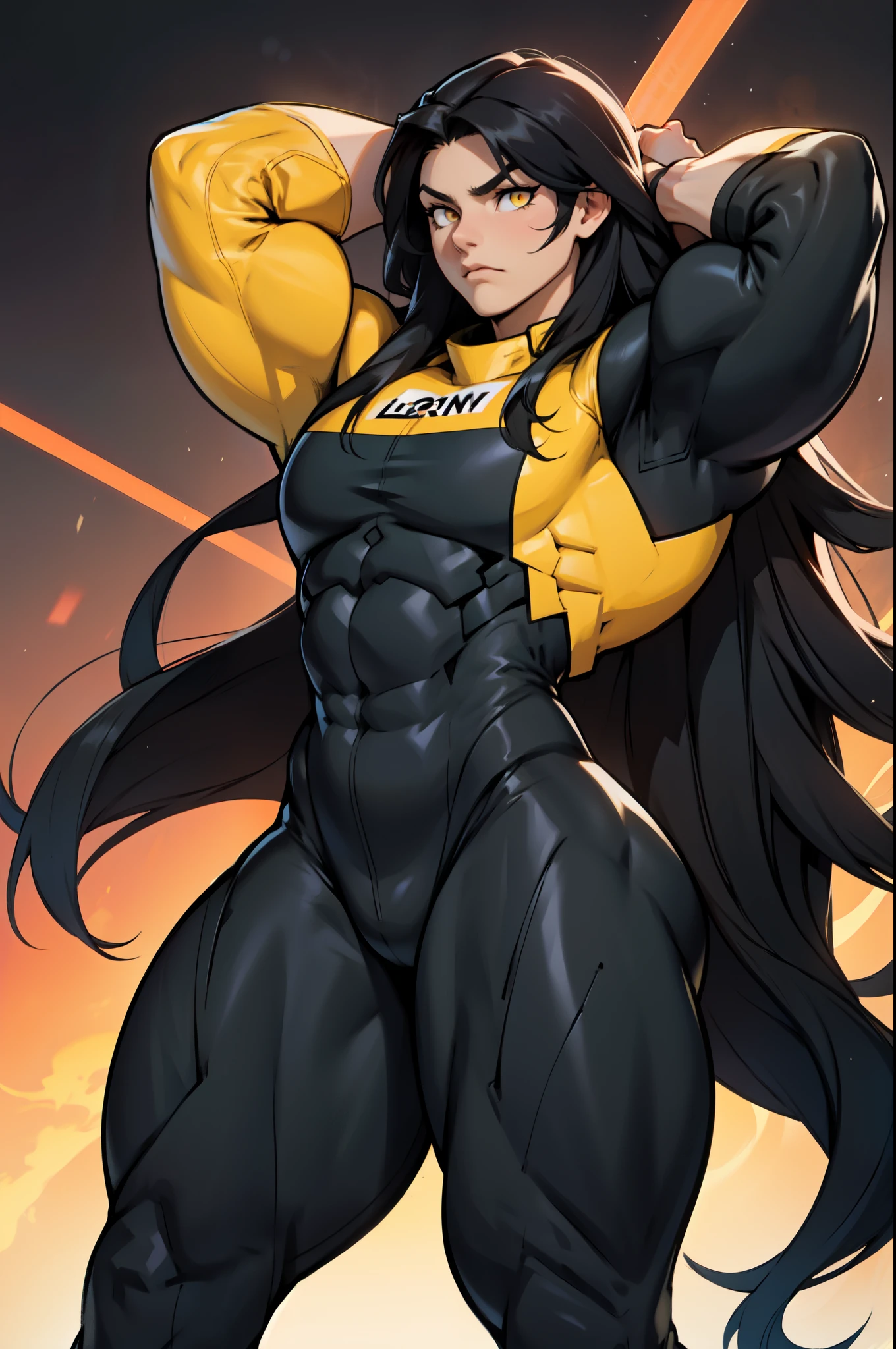 huge muscles huge breasts huge thighs pale skin black hair yellow eyes very long hair muscular girl disappointed disappointed disappointed disappointed skintight dimlit