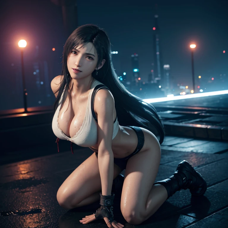  ((Master quality, 8K, masterpiece:1.3, ultra-detailed, high resolution, RAW Photos, detailed , blurry, Actual, hyper realistic, photo, HDR)), BREAK, Anatomically perfect, perfect hands, perfect legs, perfect feet, detailed eyes, BREAK, One person alone, ff7r style, tifa lockhart,, beautiful face, beautiful detailed eyes, (dynamic posing ), long hair, ( Round and Stacked Breasts ), Cleavage, abs, seductive  smile:1.5, Sweat-soaked skin, BREAK, wearing( ), , Graffiti art, BREAK, ( Random Angle, full-body, ), dynamic angle, , background(Realistic , cinematic lighting, depth of field, night , the full moon,, cyberpunk city atmosphere light particles, , )