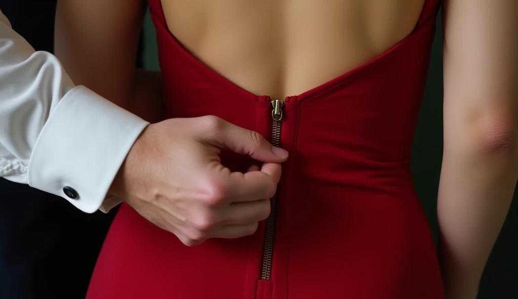 "Close-up of a man's hand, wearing a white dress shirt, gently unzipping the back of a red dress on a woman's back. The focus is on the zipper being pulled down, revealing part of the woman's bare back. The image should be intimate and elegant, with soft lighting, and no faces or expressions visible."
