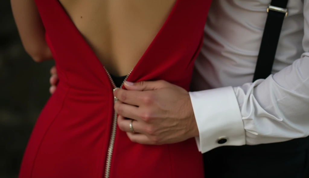 "Close-up of a man's hand, wearing a white dress shirt, gently unzipping the back of a red dress on a woman's back. The focus is on the zipper being pulled down, revealing part of the woman's bare back. The image should be intimate and elegant, with soft lighting, and no faces or expressions visible."