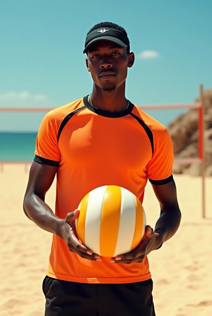 best qualityer:1.4), (ultra high resolution:1.2), (photorrealistic:1.4), (8k, CRU photo:1.2), a thin young man of 20 years old, skin black, with a smooth, beardless face, with short hair, with shaved sides and a low top, is wearing an orange shirt with black details, is wearing black beach shorts. It's on a sand volleyball court. He has the volleyball in his hand as if he were playing. He has a black visor