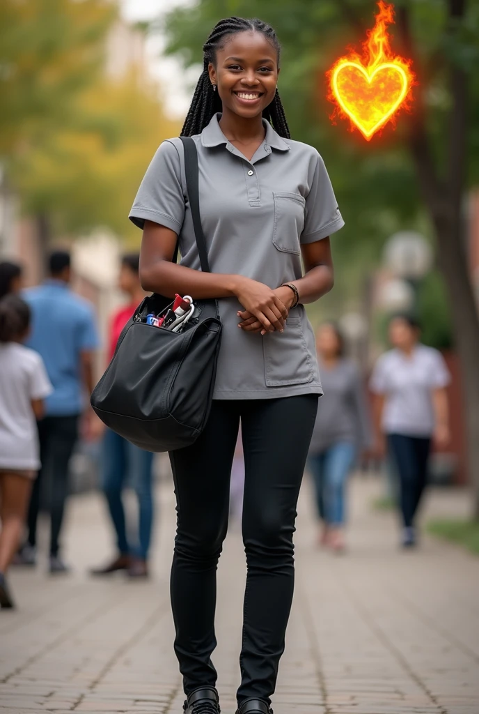 a full-fledged community health nurse dressed with
-Smile as part of the community duty uniform
-Duty Uniform (color gray polo and black pants)
-Black rubber shoes
-Black bag (with stethoscope, bp aparatus, pulse oximeter, alcohol, tape measure, sticker with control number, pen)
-Black watch
-Clipboard and community assessment tool
-Open hands as a symbol of patience and integrity
-Heart with fire as a symbol of passion for community service