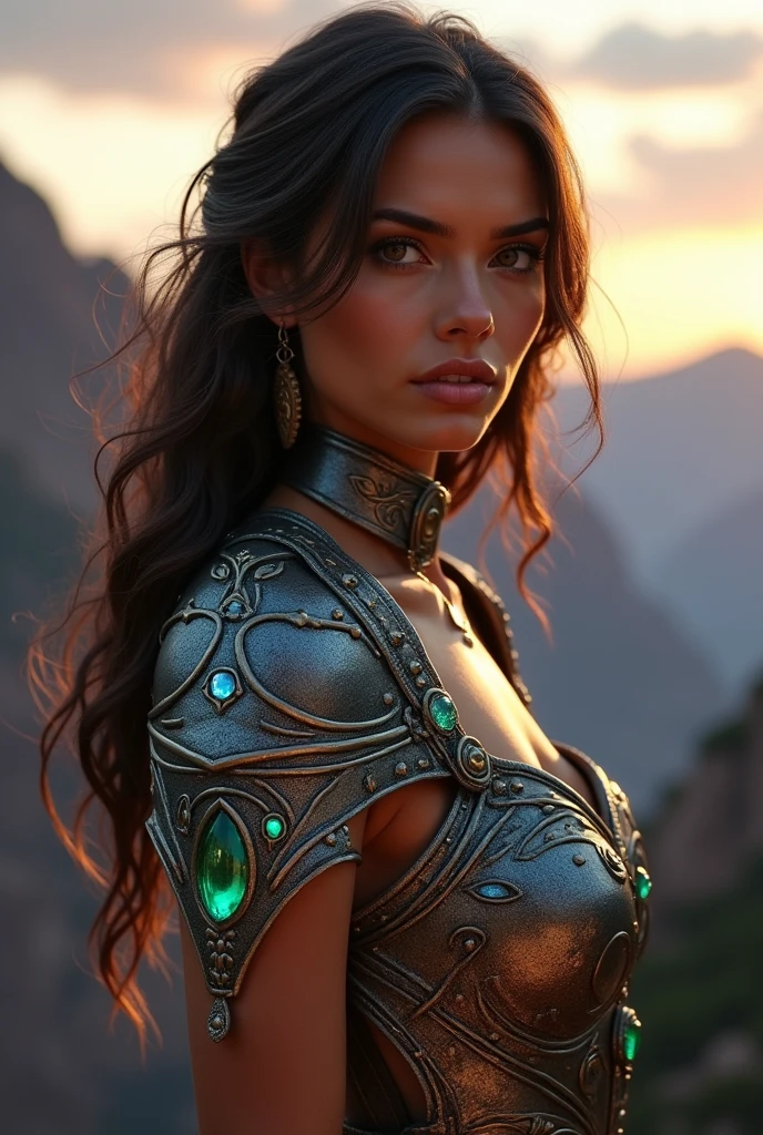 tanned skin woman ,waist length hair ,Brown eyes ,slender but curvy body ,with armor with precious stones .