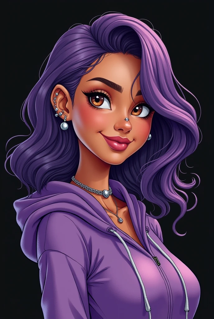Drawing of a chubby Brazilian woman with light skin, Round face, wavy side-swept shoulder-length purple hair, wearing purple hoodie, light brown eyes, piercing in the septum and above the lips, ear plug, black backdrop
