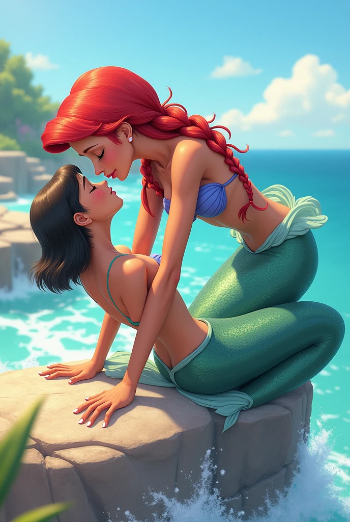 Create a vibrant and moving scene in the style of Ariel&#39;s Pixar film/Disney. two characters, remembering Ariel from &#39;The Little Mermaid&#39;, are sharing a tender kiss on the lips on a sun-drenched rock, on the edge of the ocean. The first character,  has brown skin, It is negra com tranças fluindo com pontas avermelhada , It is retratada como umthe mermaid com escamas cintilantes e uma cauda vibrante que está sob a segunda personagem deitada na rocha e a olhando. Your hair shines in the sunlight, falling down the back. The second character, It is , who has short, straight, dark hair, is lying on her back on the rock with a relaxed expression, olhando para the mermaid com carinho. The background should feature ocean waves gently crashing against the rock., com um cIt isu azul claro acima e indícios de uma costa verde e exuberante ao longe. A atmosfera geral It is serena e romântica, with a soft and warm color palette. The two are lying on the rock, The first character (the mermaid) is on top"