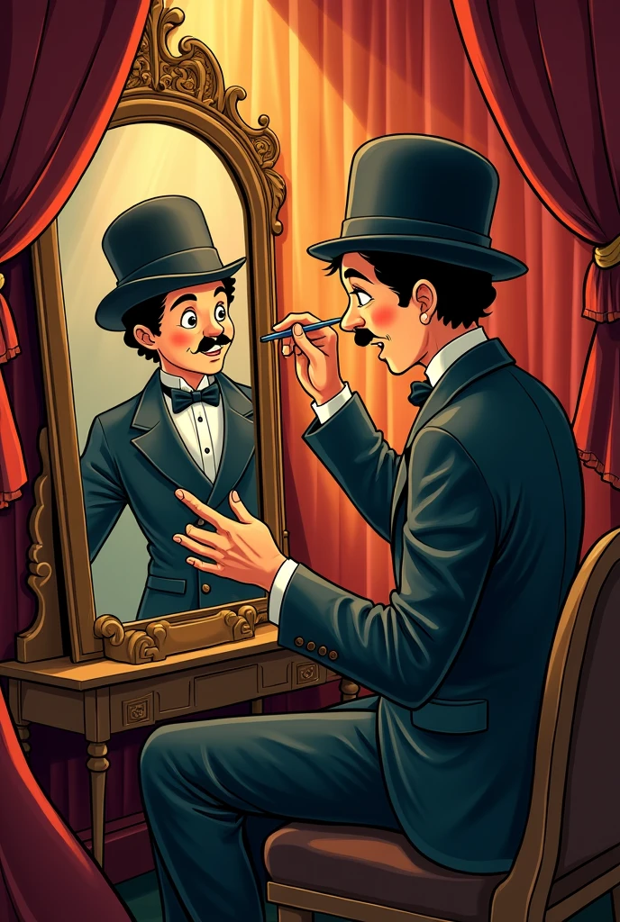 A comic-style vignette of a young Charles Chaplin in front of a mirror hurriedly putting on his makeup when the door opens and a rich man is standing there offering him a job.