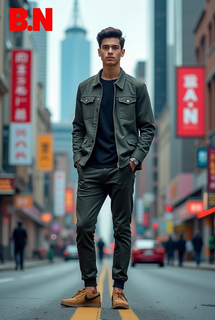 Create an advertisement for a clothing brand and show the brand name, which is B..N that a man appears
