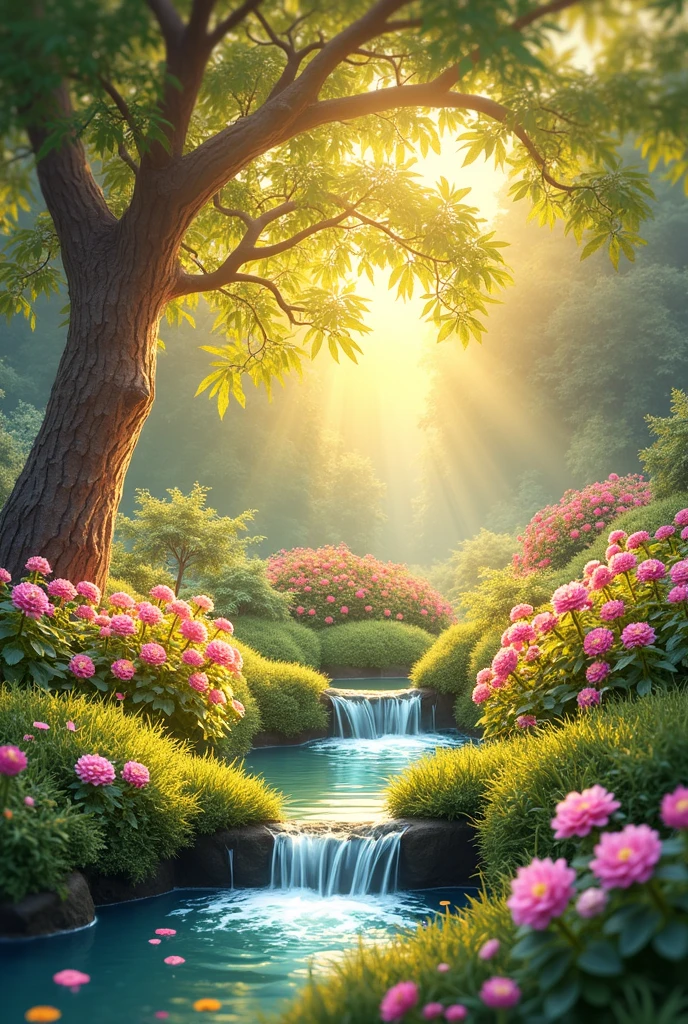 Imagine a serene, Mystic Garden, Bathed in a soft golden glow, Similar to ancient illuminated manuscripts. In the heart of this landscape,.Surrounded by vibrant flowers and gently babbling streams of water.. The scene is depicted through a tilt-shift lens., causing an otherworldly phenomenon, Dreamy atmosphere and highlighting the spiritual aspect of the trip.. The art is a mix of digital art and bright airbrush techniques., Giving the display a lifelike feel with bright colors and fine details.. This image should evoke a deep feeling of tranquility., lightning, and respect for the spiritual journey conveyed in ancient sacred texts.