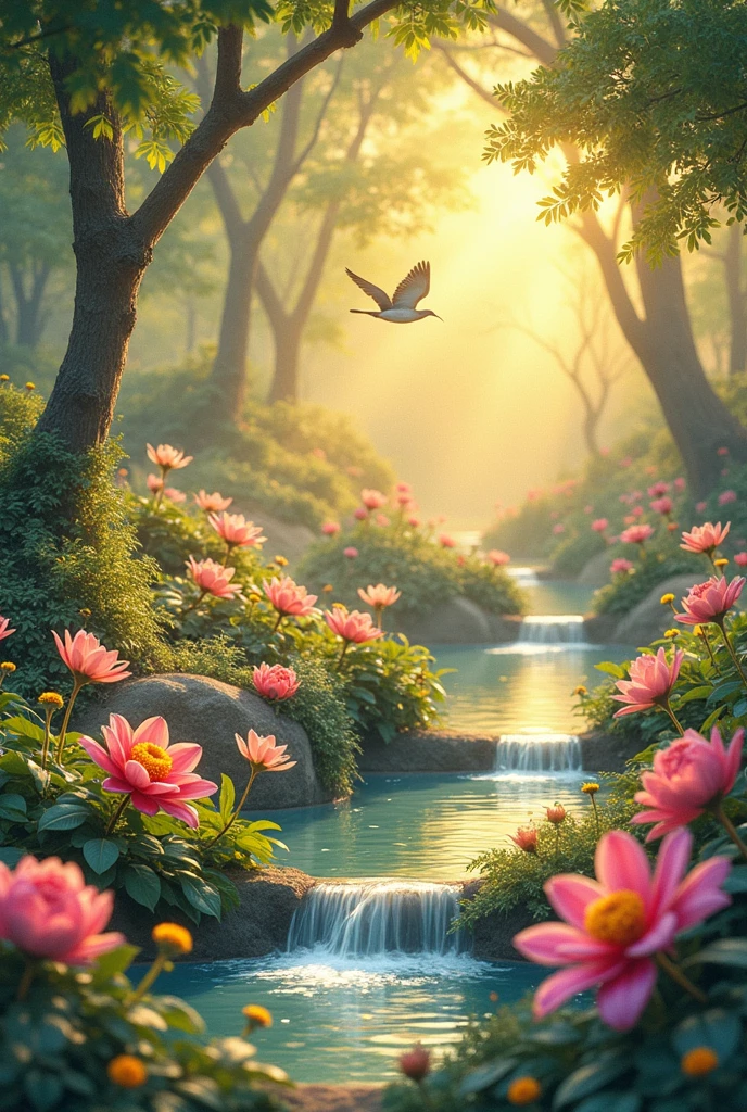Imagine a serene, Mystic Garden, Bathed in a soft golden glow, Similar to ancient illuminated manuscripts. In the heart of this landscape,.Surrounded by vibrant flowers and gently babbling streams of water.. The scene is depicted through a tilt-shift lens., causing an otherworldly phenomenon, Dreamy atmosphere and highlighting the spiritual aspect of the trip.. The art is a mix of digital art and bright airbrush techniques., Giving the display a lifelike feel with bright colors and fine details.. This image should evoke a deep feeling of tranquility., lightning, and respect for the spiritual journey conveyed in ancient sacred texts.