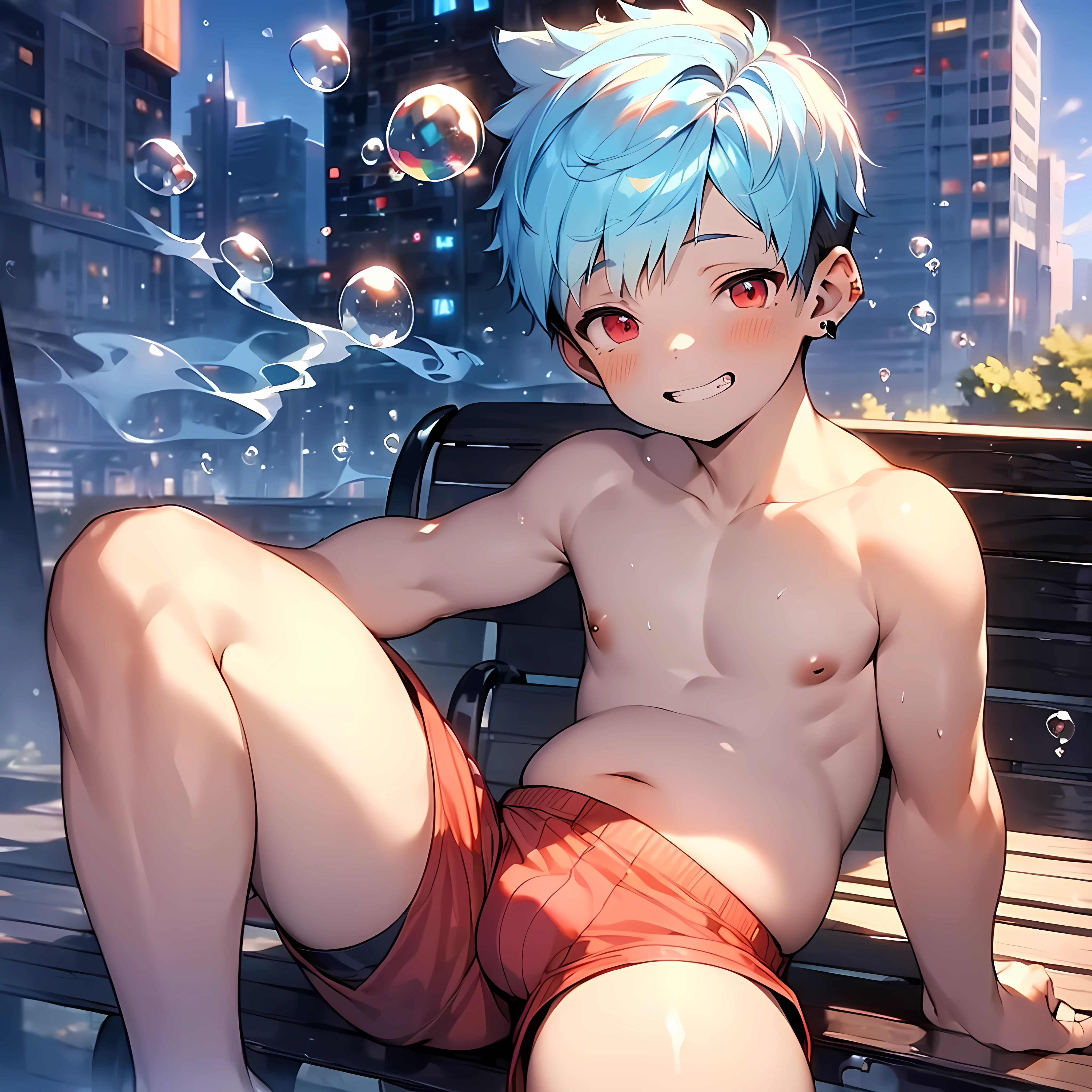 (solo:2), (boldline:-1.8), (smoke:1.6), (((bubble))), (index finger and arm around mouth:1.4), (sitting on bench:1.5), (spread legs:1.5), (((fang))), (((best finger))), (((best hands))), (((best arms))), (((best legs))), BREAK (best quality:1.5), (absolutely resolution:1.5), (ultra detailed:1.5), (masterpiece:1.5), (perfect face), (detailed face), (detailed eyes), (best eyes), (cute face), (boy:2), BREAK (topless:1.5), BREAK (red short pants:1.5), (bulge:1.6), (chubby:2), (spiked hair), BREAK (light blue hair:1.5), (wine red eyes:1.4), (eyes with highlight:1.6), ((mole under eye)), (sweaty skin), (light skin), (grin:1.5), ((earrings)), (shiny skin:1.3), BREAK (garden), (building:1.5), (at twilight:1.5), (frontlight), ((wind blowing)), ((nipple)), (abs), (groin),