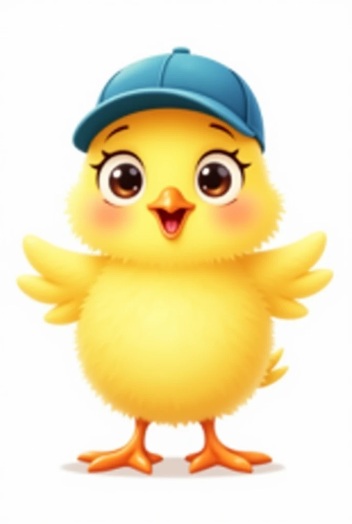 Create a cute, cartoon-style yellow chick standing on one leg with large, round eyes. The chick has rosy cheeks, a small orange beak, and is wearing a blue baseball cap with the bill facing backwards. The chick's wings are slightly spread, and it has a friendly, cheerful expression. The background is plain white.