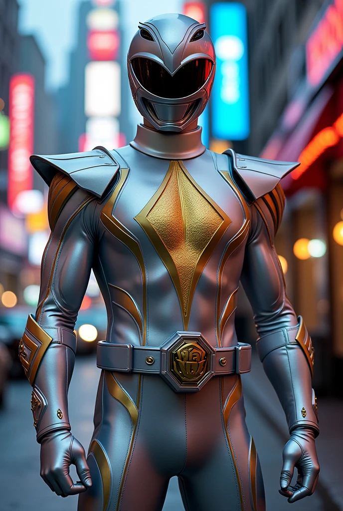 tall person in
silver powerranger suit with a gold diamond pattern a hexagon belt buckel with silver helmet no extra on belt no white lines on gloves no red