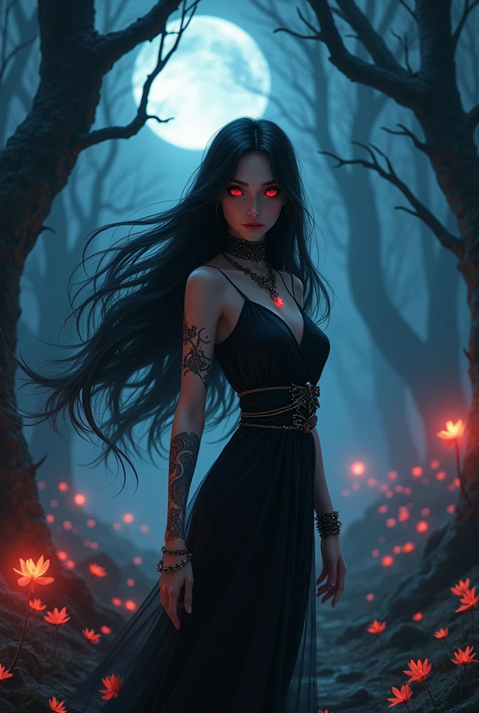 ReV Animated Adult Female, black hair, long, blood red eyes 