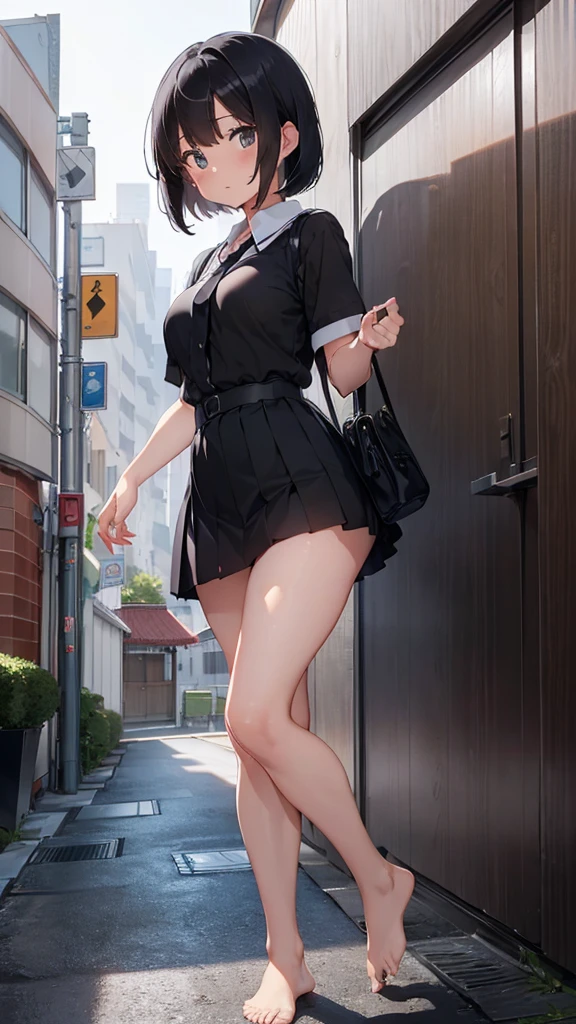 A girl wears a short skirt without underwear and walks blushing with embarrassment