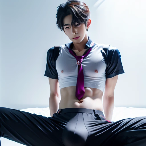 Korean handsome male idol,, penis visible,Necktie Uniform, White crop top, A handsome man,narrow space, Legs spread apart, Sound mating, pregnant woman, Adonis, Skinny body type, Boneless