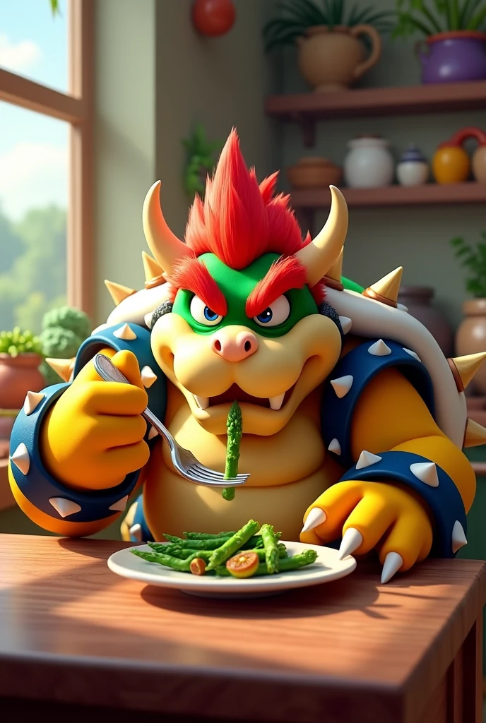 Draw a picture of Bowser eating asparagus