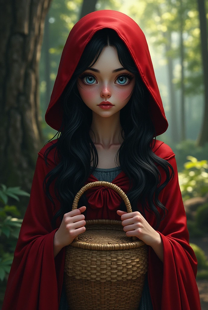 Make a character similar to Little Red Riding Hood, adult. pale, black hair and big blue eyes. Make it look like a realistic illustration