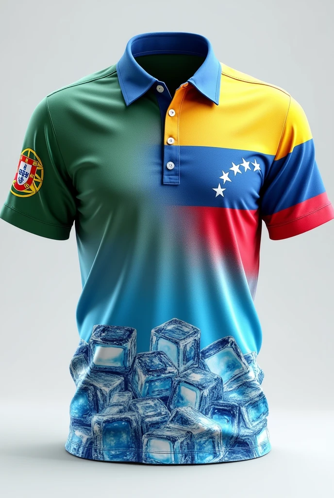 Create a sublimated shirt to sell ice with the flag of Portugal and Venezuela on each sleeve and with ice cubes on the bottom of the shirt