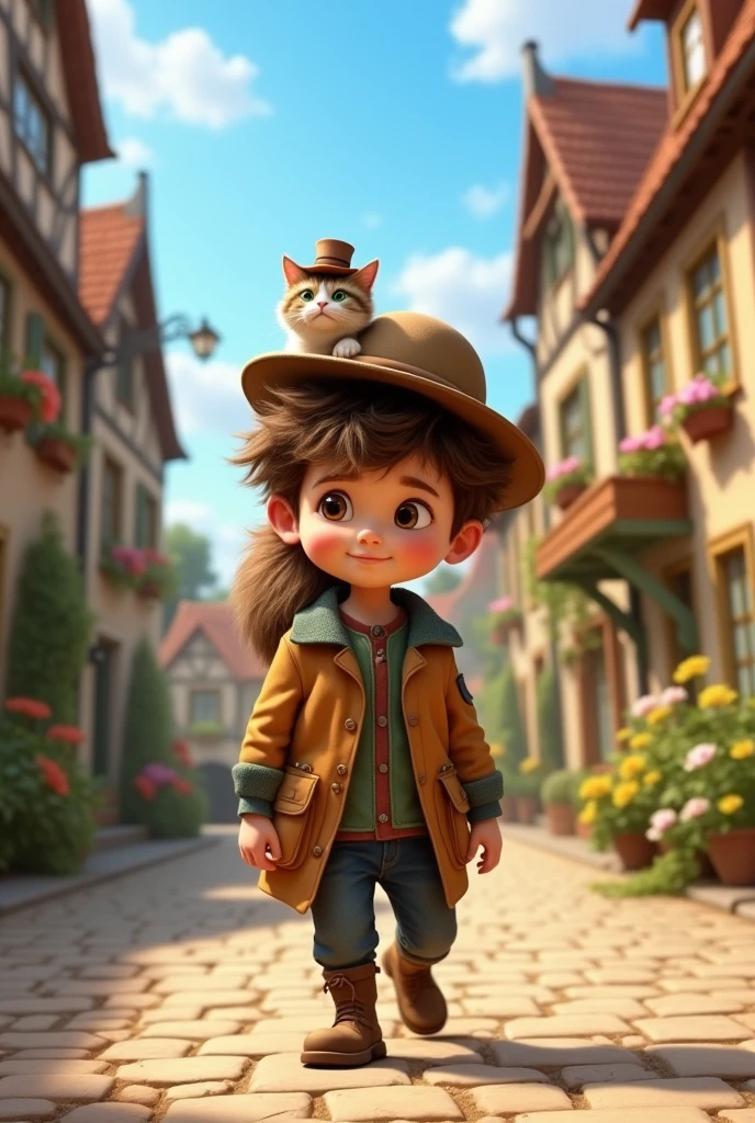 Both, little, He carries a cat on his shoulder with a hat on his head