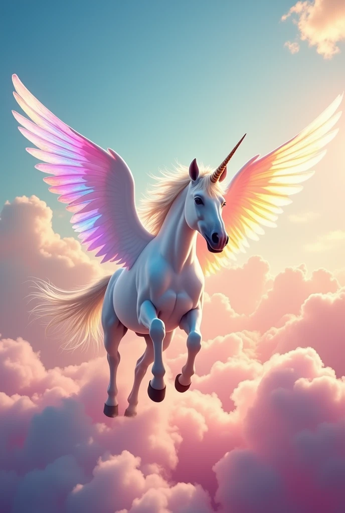 a unicorn galloping with wings and flying through the sky through pink clouds