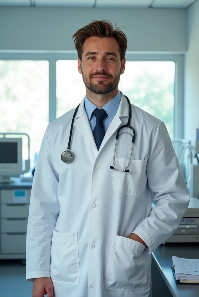 Create for me a doctor with 1,70 tall brown hair and eyes with stocky body type