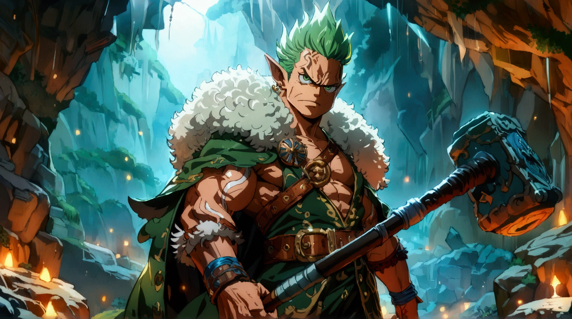 muscular young dwarf, , pointy green hair, pointy ear, green eye, green big coat with button and high collar, leather belt, angry look, holding a hammer, cave background at night, ((Intricate anime character design inspired by One Piece)), ((Stunning lighting)), ((Fine lines)), ((Stunning focus)), ((Centered character)), ((Stunning face)), ((Detailed focus)), ((Detailed background)), ((Ultra-fine 2D design)), ((Creative scenery)), ((2D masterpiece)), ((Best quality)), ((8K anime style))
