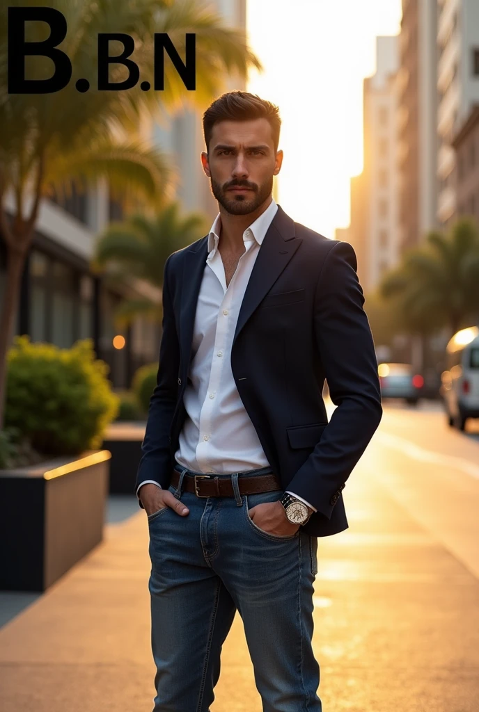 Create an advertisement for a clothing brand and show the brand name, which is B..N that a man appears