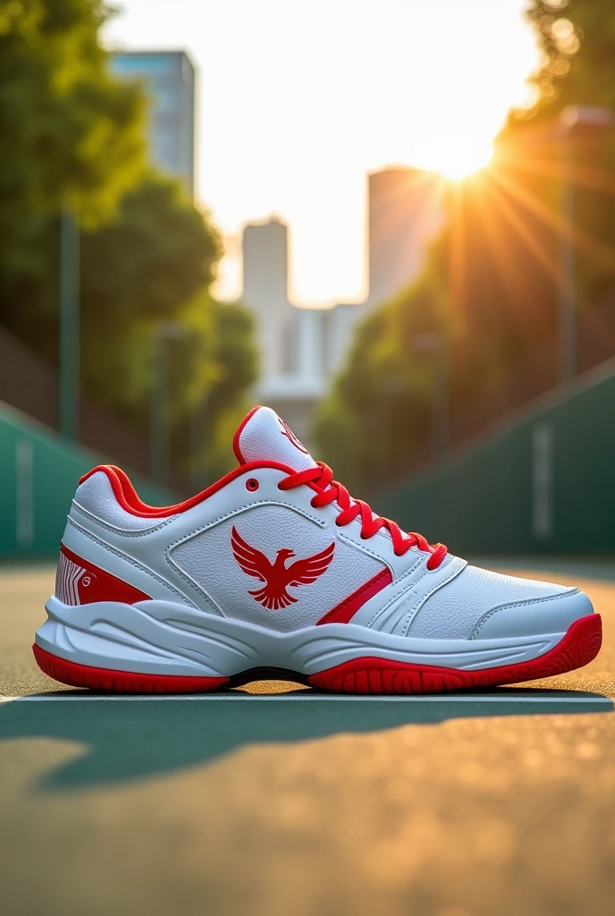 Create a white and red tennis shoe with the logo being a phoenix