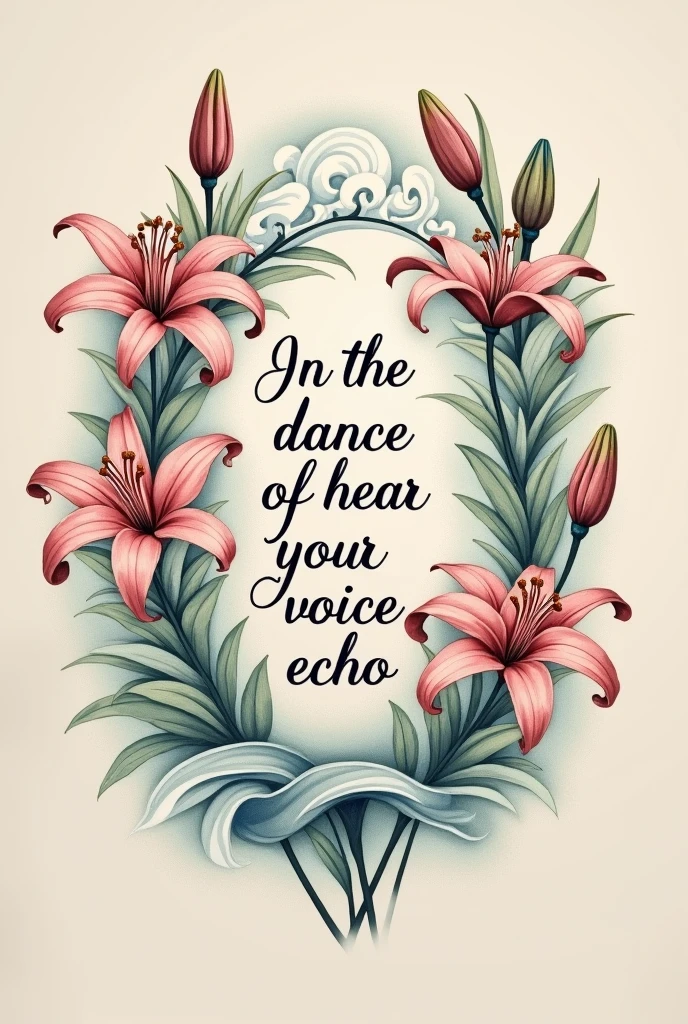 Tattoo Description:
sentence: In the center of the tattoo, The phrase "In the dance of the sea, I hear your voice echo" is written in an elegant, flowing cursive font. The writing is delicate and stylized, with slightly wavy letters that evoke the feeling of movement and fluidity, like the waves of the sea.
lily flowers: Ao redor dThe phrase, there is a lily flower arrangement. The flowers are detailed and realistic, with open petals and visible stamens, creating a subtle contrast with the writing. Os lírios estão dispostos em um formato que envolve The phrase, perhaps with some falling around it and others growing in different directions.
decorative elements: Additional small details can include soft waves and flowing lines that intertwine with the flowers., simbolizando o "mar" mencionado nThe phrase. These details are subtle and complement the design without overwhelming it..
Colors and Style: The tattoo can be done in black and gray for a classic, timeless style., or in soft shades of blue and green to represent the sea and nature. Lilies can have a touch of pastel color, like pale pink, lavender or white, to maintain a delicate and feminine appearance.