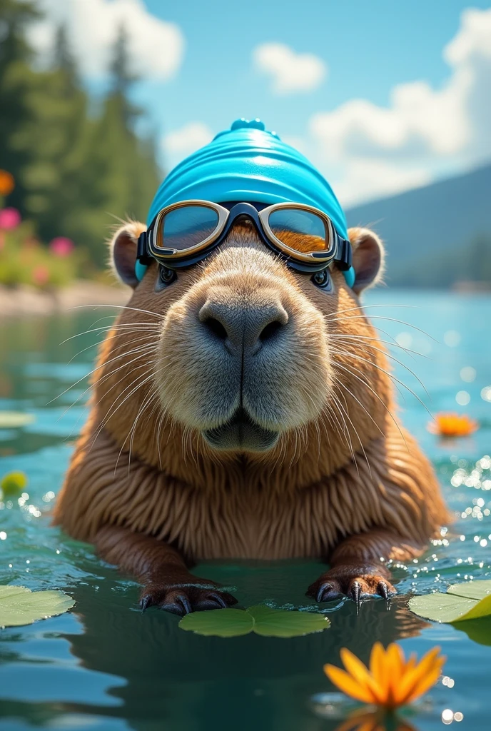 Muscular capybara with swimming cap and swimming goggles