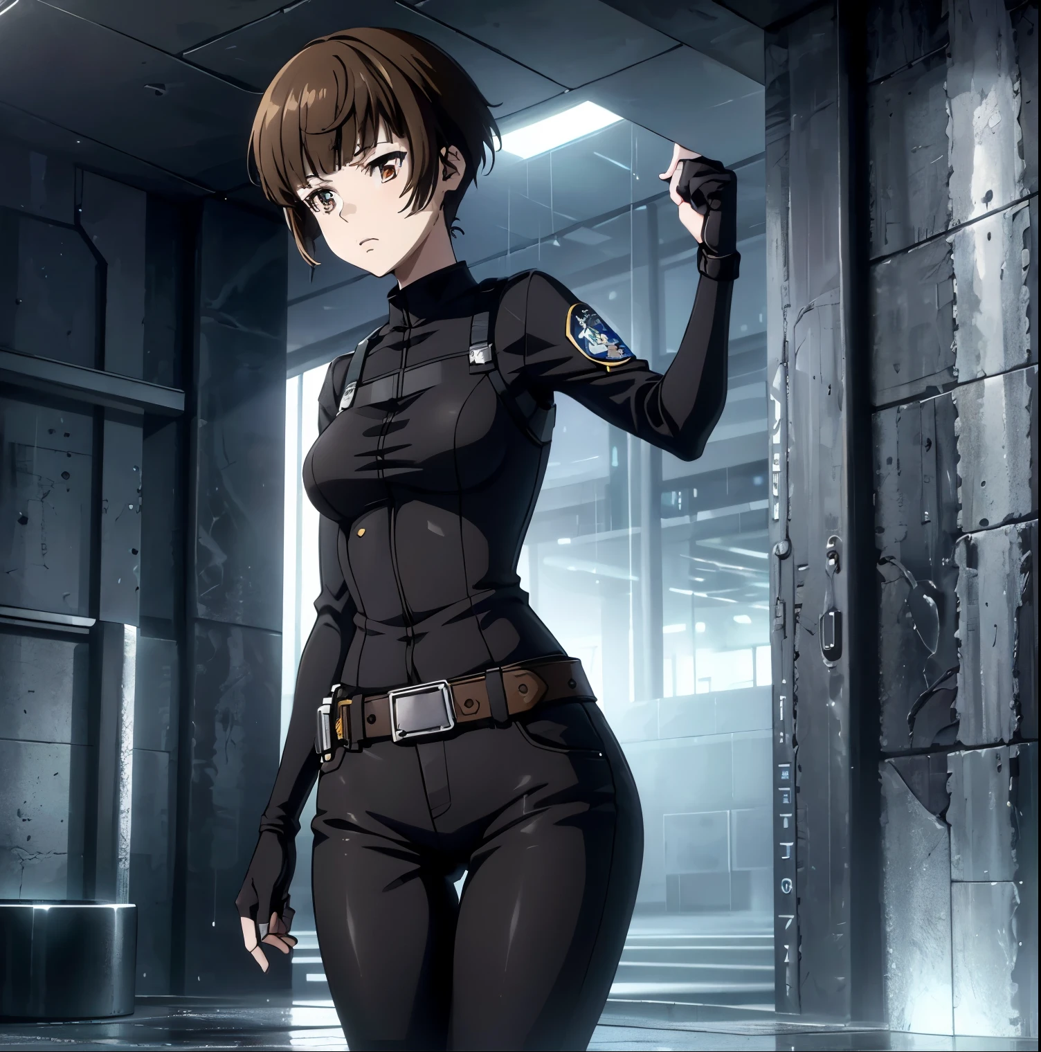 ((1girl)),((alone)),tsunemori akane,(Psycho pass),(masterpiece), (best quality), (ultra detailed), (best illustration), (best shadow), (absurdities), sharp focus, cowboy shot, atmospheric perspective, depth of field, dynamic posture looking at viewer, medium breasts, narrow waist, wide hips, wide thighs, round butt, erotic, romantic, (very detailed eyes, 1.1 lips), very detailed, eyes, Very detailed face, Very beautiful face, Symmetrical face, Aesthetic face, perfect face, perfect eyes, detailed eyelashes: 1.5), full height, beautiful slim figure, femininity, expressive appearance, elastic medium breasts, sexuality, half-open lips , brown hair, short hair, brown eyes, white skin, police clothing, bulletproof vest, black vest, fingerless gloves, black gloves, blue pants, jeans, belt, combat boots, white shirt, long sleeves, clothing written, hand on hip, curves, defined body, Perfect and beautiful body, perfect and beautiful, closed mouth, serious expression, neutral grimace, (sexy pose: 1.2), ((solo)), standing: 1.3,((outside ,cybeppunk landscape ,cityscape, futuristic streets, futuristic city,light reflection, clouds,rainy,night,city lights)),looking forward,((focus on thighs)), point of view :(from below ), perfect anatomy, perfect hands