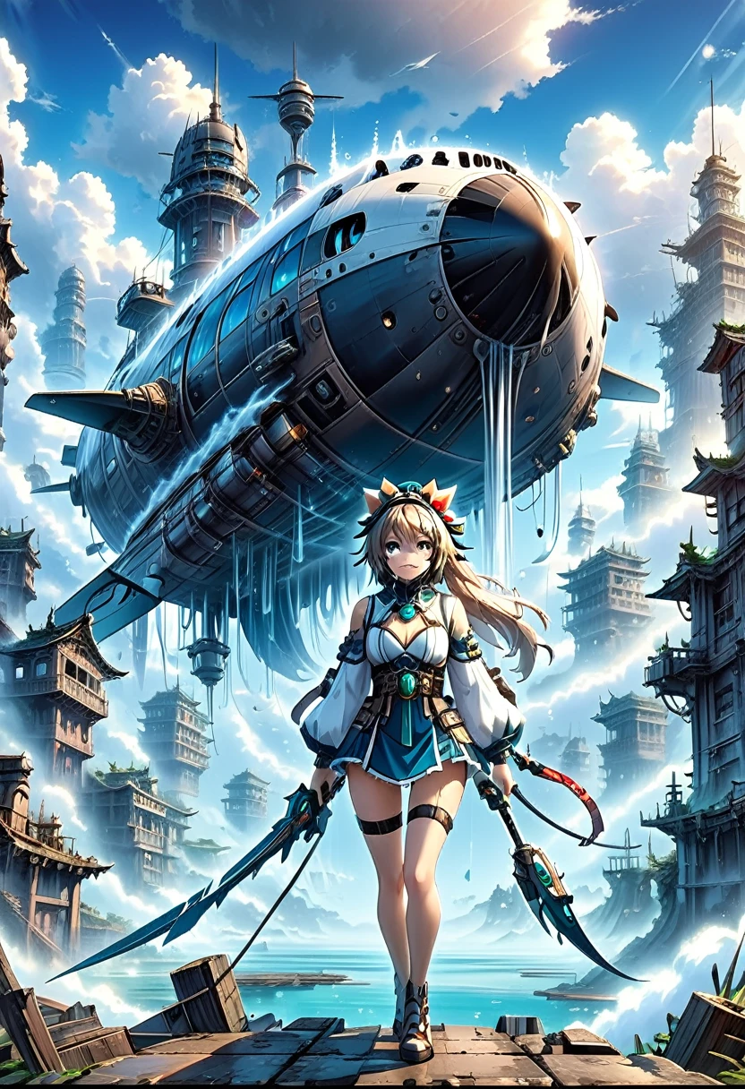 Future Sky City,ruins,sea of clouds,Airship,The world of Soratorobo,water is gushing out,Android,See-through,
