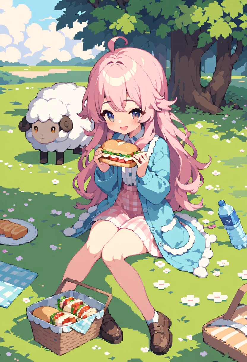 masterpiece, Highest quality, 8k, Beautiful pixel art, Vivid, Sheep, young woman, smile, Open your mouth, ((Fluffy hair)), Long Hair, Hair like sheep's hair, Pink Hair, eyebrow, 太いeyebrow大きな目の人形1体，Pink dress, Blue cardigan, Brown shoes, grassland, picnic, Basket with packed lunches, Eating a sandwich, Water bottle, Sitting on a plaid sheet