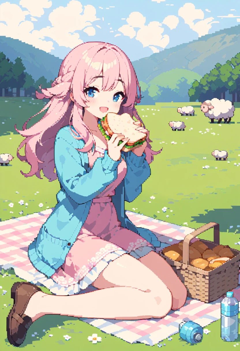 masterpiece, Highest quality, 8k, Beautiful pixel art, Vivid, Sheep, young woman, smile, Open your mouth, ((Fluffy hair)), Long Hair, Hair like sheep's hair, Pink Hair, eyebrow, 太いeyebrow大きな目の人形1体，Pink dress, Blue cardigan, Brown shoes, grassland, picnic, Basket with packed lunches, Eating a sandwich, Water bottle, Sitting on a plaid sheet