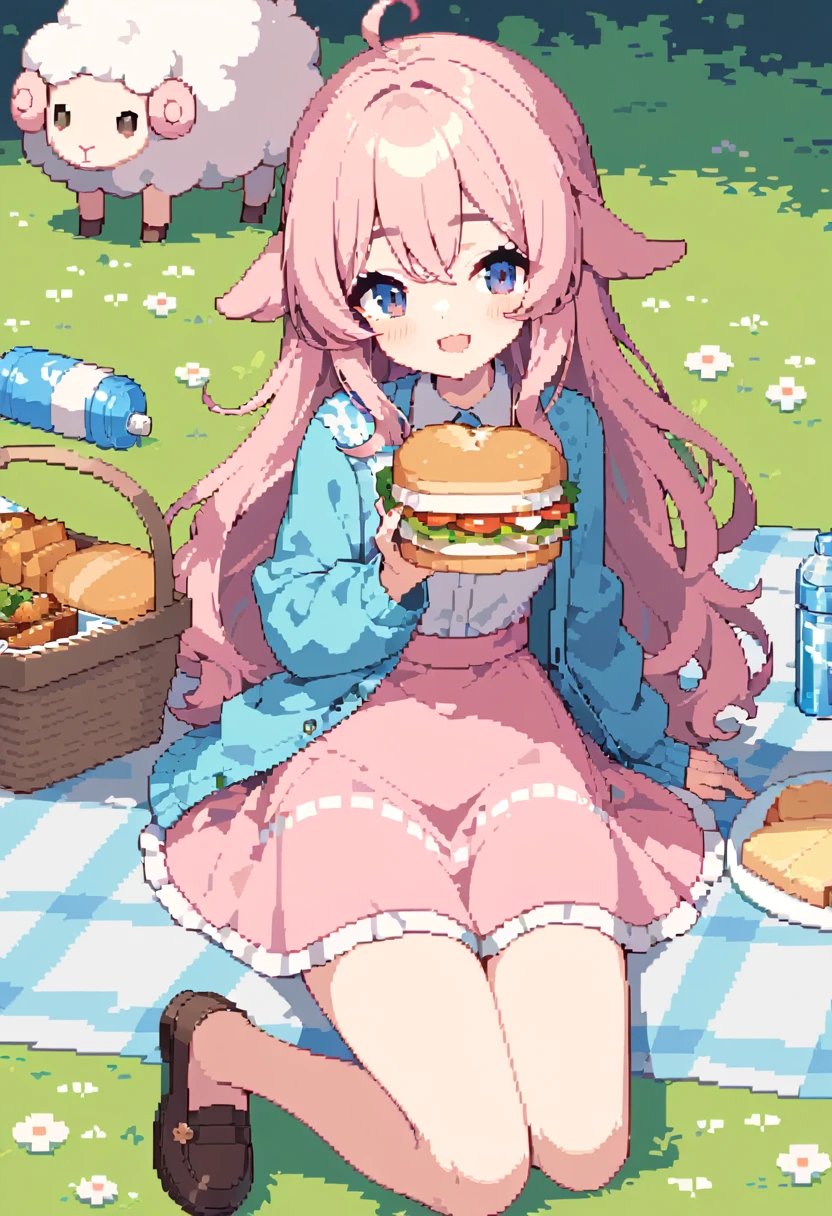 masterpiece, Highest quality, 8k, Beautiful pixel art, Vivid, Sheep, young woman, smile, Open your mouth, ((Fluffy hair)), Long Hair, Hair like sheep's hair, Pink Hair, eyebrow, 太いeyebrow大きな目の人形1体，Pink dress, Blue cardigan, Brown shoes, grassland, picnic, Basket with packed lunches, Eating a sandwich, Water bottle, Sitting on a plaid sheet