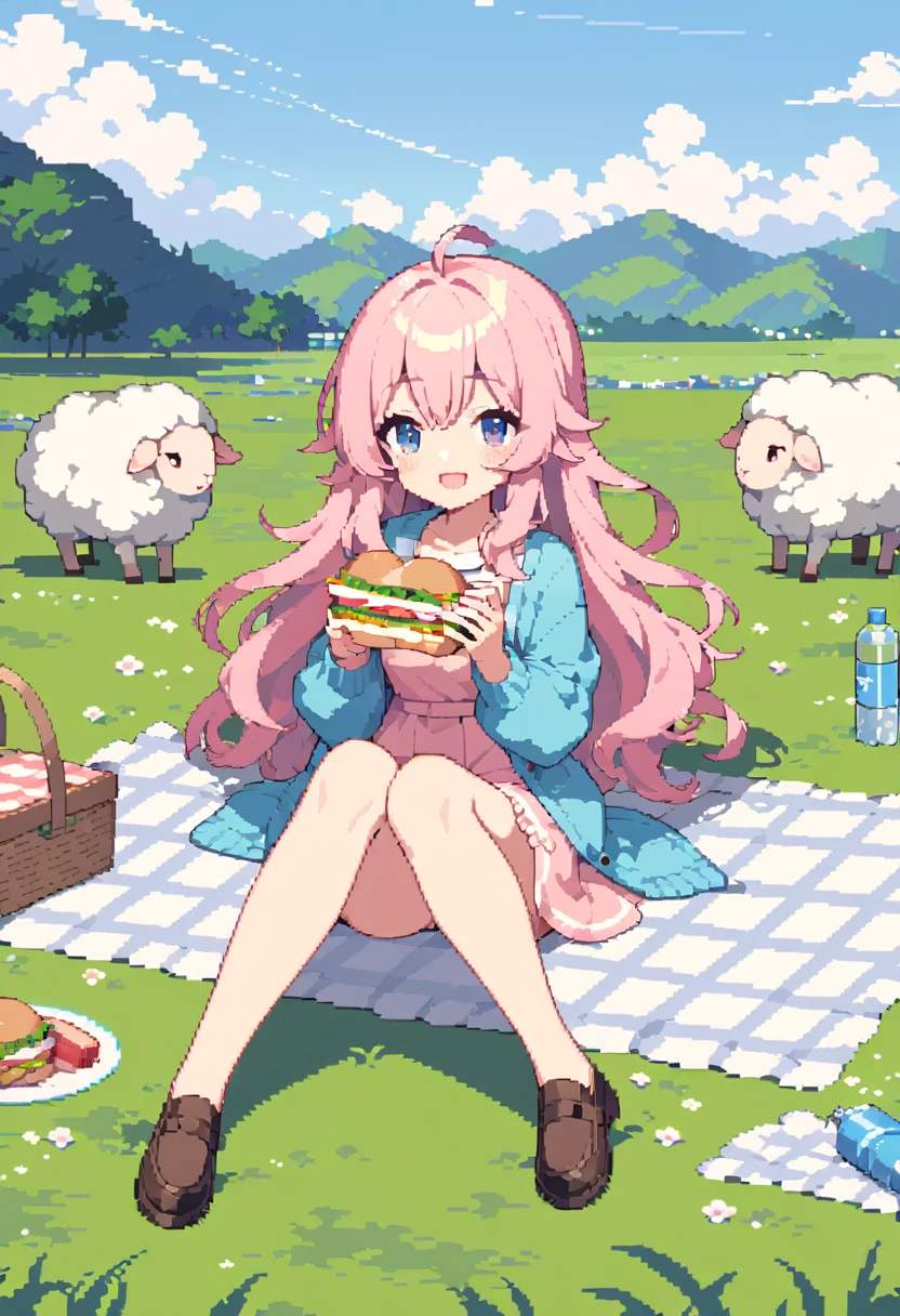 masterpiece, Highest quality, 8k, Beautiful pixel art, Vivid, Sheep, young woman, smile, Open your mouth, ((Fluffy hair)), Long Hair, Hair like sheep's hair, Pink Hair, eyebrow, 太いeyebrow大きな目の人形1体，Pink dress, Blue cardigan, Brown shoes, grassland, picnic, Basket with packed lunches, Eating a sandwich, Water bottle, Sitting on a plaid sheet