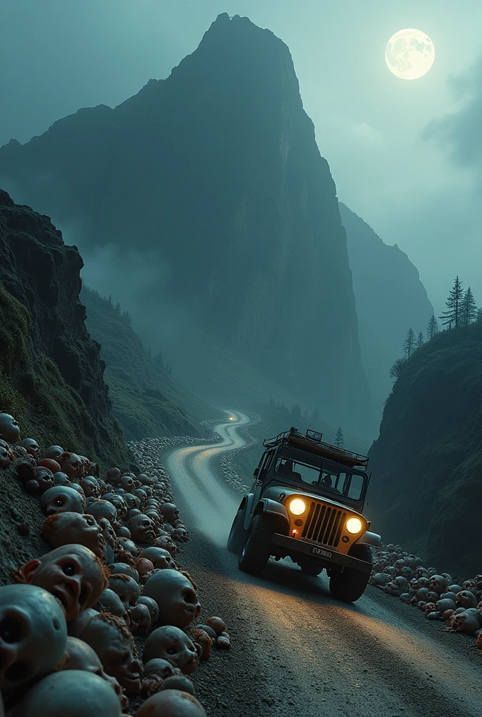 A horror mountain with all dolls laying here and there horror dolls road in between every doll other and uphill on the mountain every where and a open jeep going from the road two valley