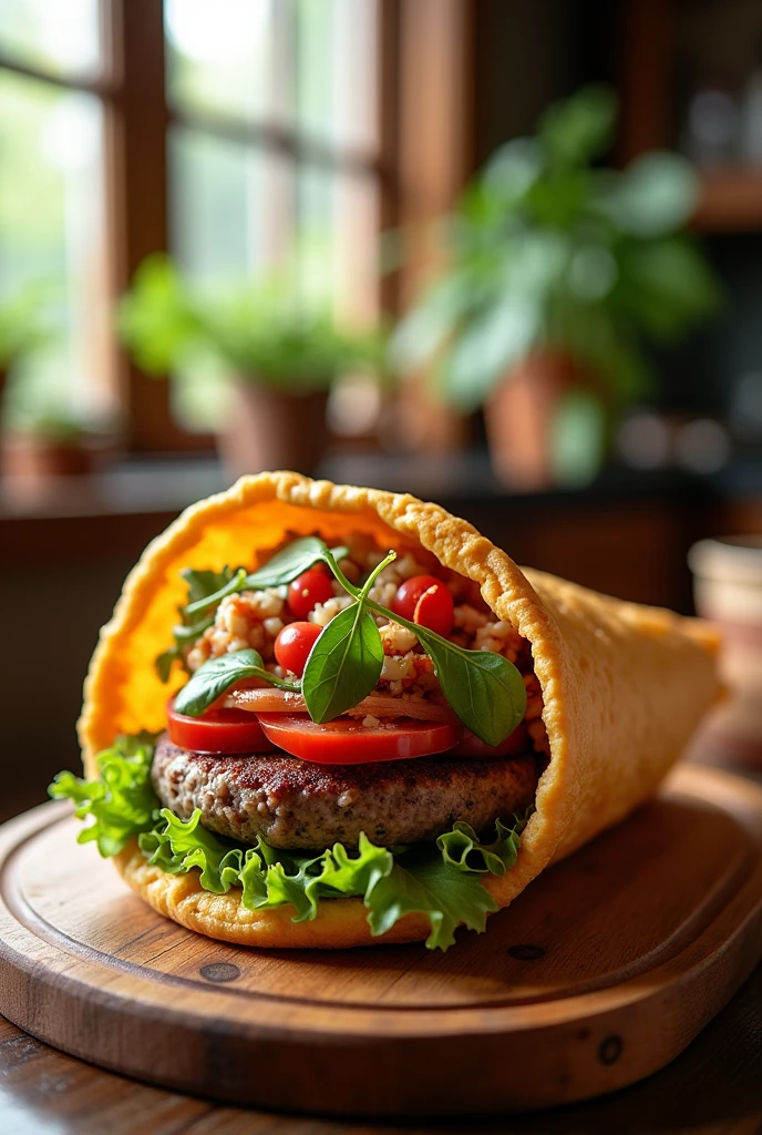 Cone with brioche bread dough stuffed with hamburger meat and salad