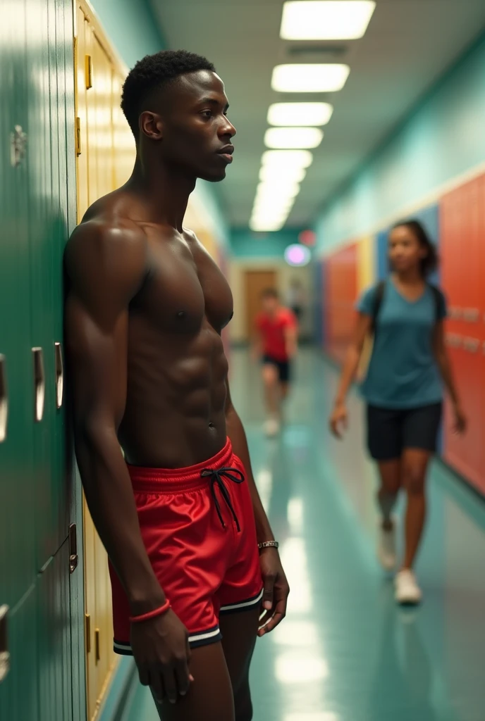 (photorealism:1.2), black ripped twink in a high school, in gym shorts showing off his massive dick bulge