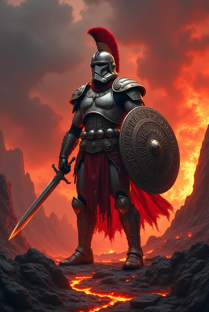 Sprtan warrior stormtrooper, sword and shield, hellish lanscape