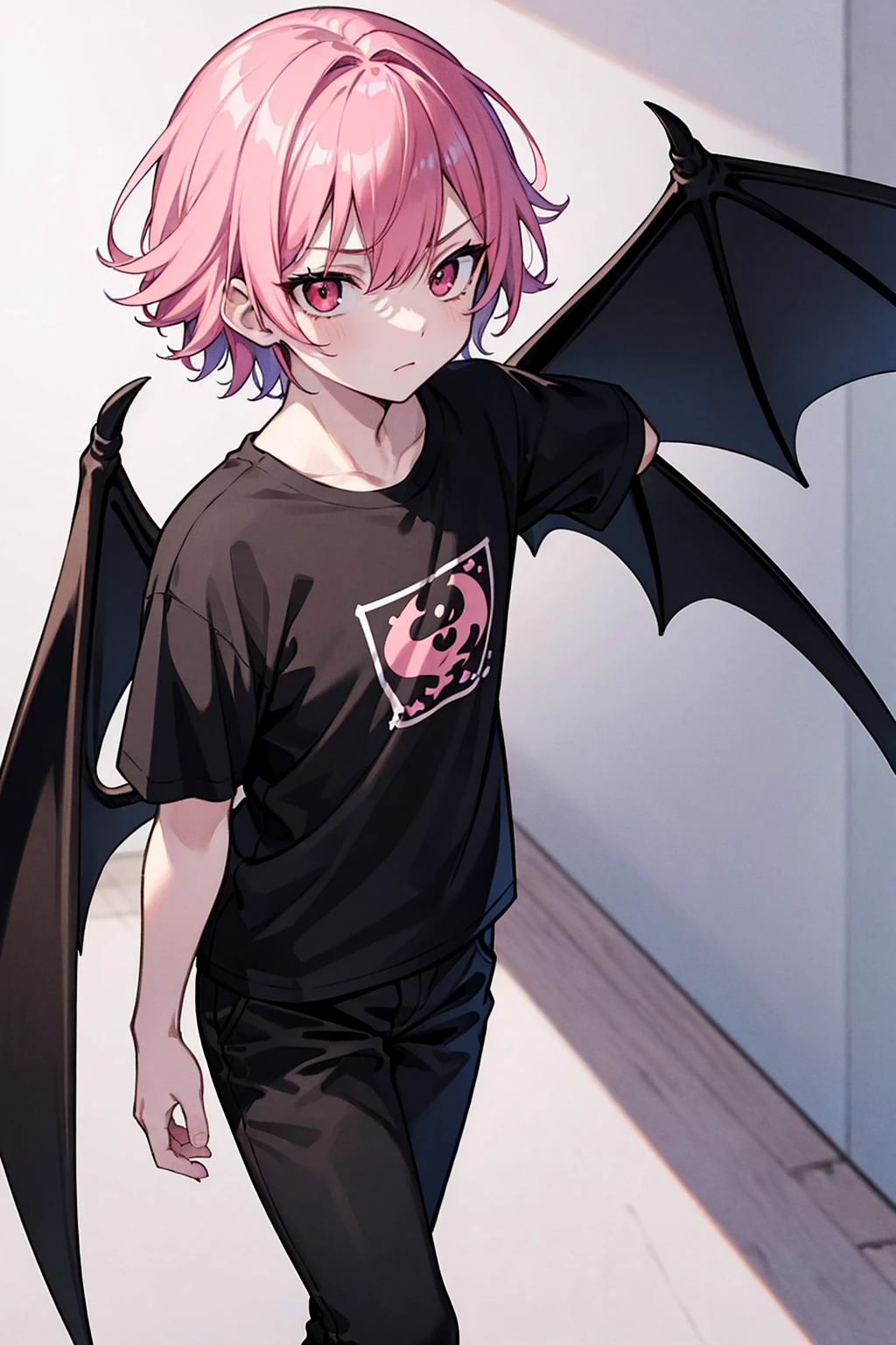 a boy, pink hair, red eyes, black t-shirt, black pants, black boots, bat wings, (masterpiece), best quality, expressive eyes, perfect face, 4k, hiperdetailed