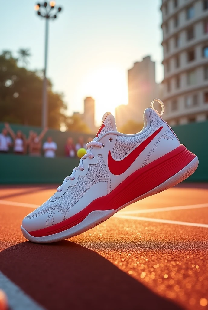 Create a white and red tennis shoe with the logo being a phoenix 